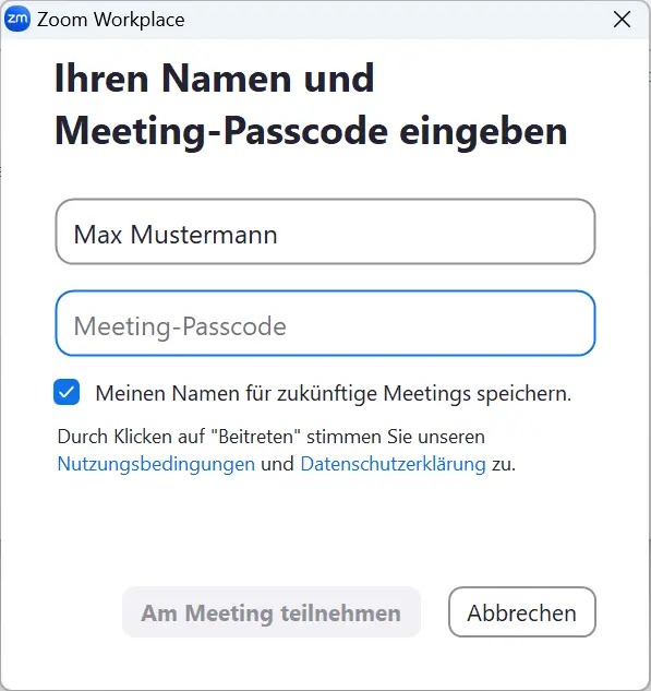 Zoom Passcode eingeben